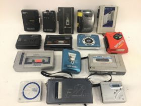 Box of various portable Minidisc and cassette Walkmans to include - Sony - Omega - Saisho - Sanyo