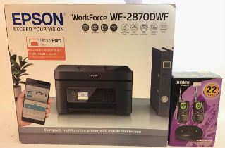 Here we have an Epson WF-2870DWF Multi function printer along with a Uniden GMR2200-2CK set of