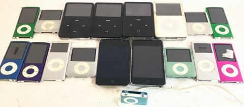 Collection of 18 Apple iPods of varying models.