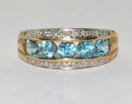9ct gold ladies 5 stone Aquamarine and Diamond ring size Q