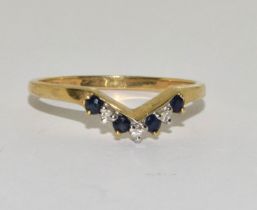 9ct gold ladies Diamond and sapphire V shape ring size P