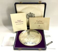 Boxed Silver Salver commemorating Queens silver wedding anniversary complete with paperwork 1947-