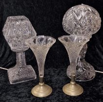 2 x Cut glass dome shade lamps together with 2 cut glass trumpet vase