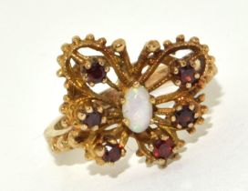 9ct gold ladies Garnet and Opal butterfly ring size N
