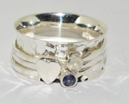 Amethyst moonstone 925 silver heart spinner ring Size S
