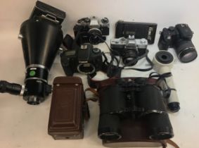 Box of various cameras to include - Canon - Kodak - Finepix with some Nikon apparatus and pair of