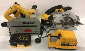 2 x DeWalt battery powered hand circular saws complete with charger and 1 battery.