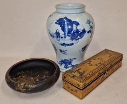 Oriental blue and white decorated vase together with an oblong pen box and a round decorated small