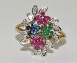9ct gold ladies Diamond,Sapphire, Ruby,and Emerald Flower head ring size P