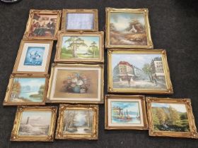 Mixed collection of Gilt Framed pictures mixed subject medium mostly oil on board largest being