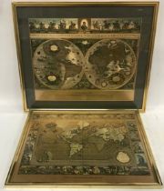 Framed gold foil coloured Blaeu Wall Map and Moses pit from 1681. 56 x 46cm and 53 x 63cm.