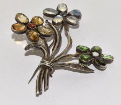 925 silver flower brooch set with Peridot, Moonstone and Citron