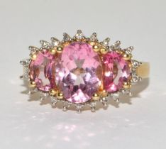 9ct gold ladies Pink Tourmaline and Diamond ring size N