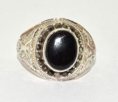 Mens black onyx silver marcasite college ring Size R 1/2.