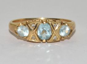 9ct gold ladies Antique set Aquamarine and Diamond ring size O