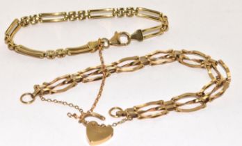 9ct gold 3 bar gate bracelet with safety chain and heart padlock together a twin bar bracelet 13,5g