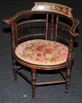Mahogany inlaid corner chair set with light decoration and standing on turned supports and spindle
