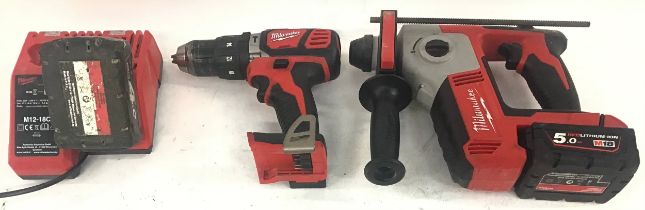 Milwaukee hand drill and hammer drill with charger and 2 batteries.