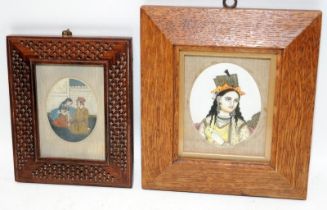 Two antique miniature paintings of Persian nobility. The larger frame size 15cms x 17cms