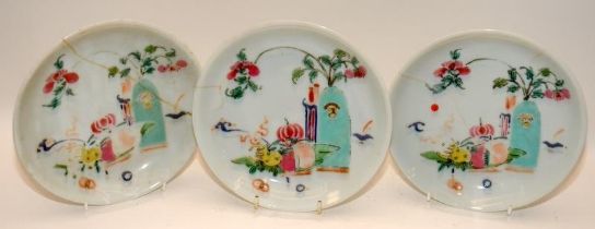 Three Chinese famille rose Qianjiang auspicious objest dishes, Qing. 20.5cm