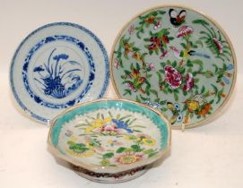 Collection of Chinese Qing and republic porcelain to include a 19C celadon ground famille rose dish,