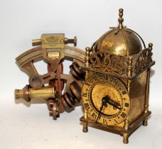 Kelvin & Hughes brass sextant c/w a vintage brass lantern clock