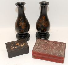 A pair of Chinese lacquer vases, foo chow dragon box and cinnabar scholars lidded box. Vase H21cm (