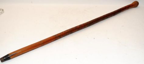 Vintage Oriental bamboo walking stick extensively carved with warriors. 95cms.