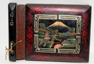 Unused vintage photo album with lacquered boards featuring a Japanese mountain scene.