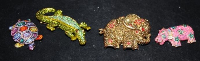 Butler and Wilson statement costume jewellery: 4 x jewelled brooches featuring Hippo, Elephant,
