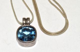 925 silver large blue stone multi faceted pendant necklace