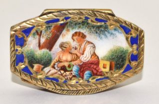 Silver gilt Enamel pill box with embossed decoration and depicting young lovers