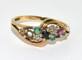 9ct gold ladies Diamond and semi precious stone ring H/M for diamond size O