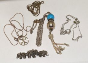 Mixed silver necklaces to include Turquoise and a silver marcasite elephant brooch