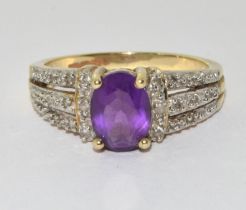 9ct gold ladies Diamond and Amethyst ring size N