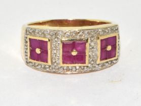 9ct gold ladies Diamond and Ruby ring size M