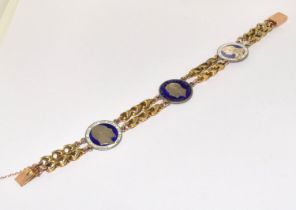 Antique Edwardian gold bracelet set with 3 enamel antique silver sixpences 71/2 inches in length and