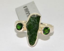 A 925 silver, Muldavite and green stone ring Size P 1/2, new with tag.