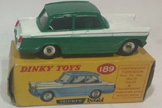 Vintage Dinky Toy No 189 Triumph Herald , Two Tone Green And White 1959-64. Complete with box in