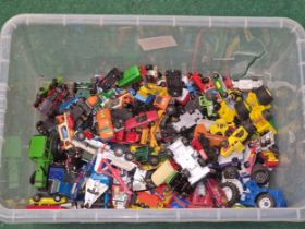 Large box of mixed vintage and modern play worn die cast cars.