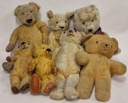 A group of vintage mid 20th century teddy bears to include Merrythought all showing age related wear