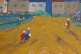 Scottish School, figures in a street, inscribed verso 'North Berwick', oil on board, and another