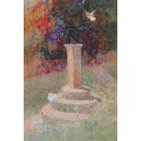 Thomas Mackay, garden scene with doves by a sundial, signed watercolour, 19 x 14cm