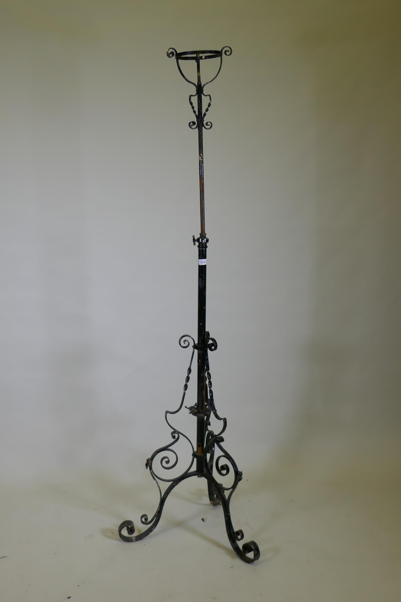 A Victorian wrought iron telescopic floor lamp stand, 150cm high, 186cm extended - Image 3 of 3