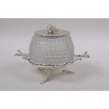 A silver plate and glass honey pot in the form of a beehive with bee knop, 12cm high