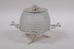 A silver plate and glass honey pot in the form of a beehive with bee knop, 12cm high