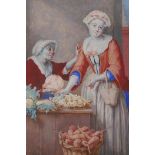 Study of two ladies by vegetable stall, an C18th painting on vellum, laid on board, 15 x 12cm