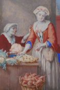 Study of two ladies by vegetable stall, an C18th painting on vellum, laid on board, 15 x 12cm