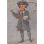 A late C19th/early C20th portrait of a boy with snowballs, oil on canvas, 25 x 31cm