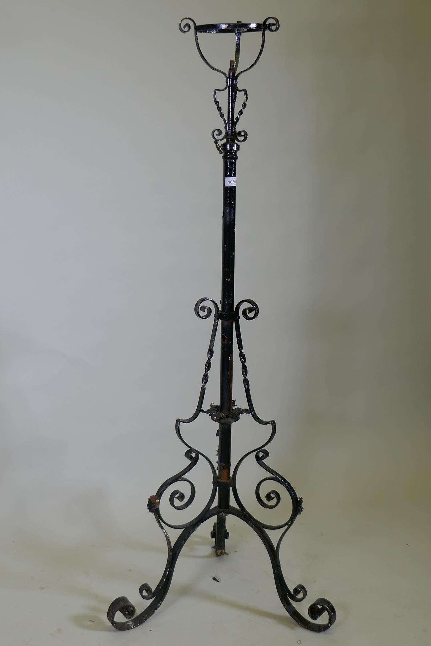 A Victorian wrought iron telescopic floor lamp stand, 150cm high, 186cm extended - Image 2 of 3